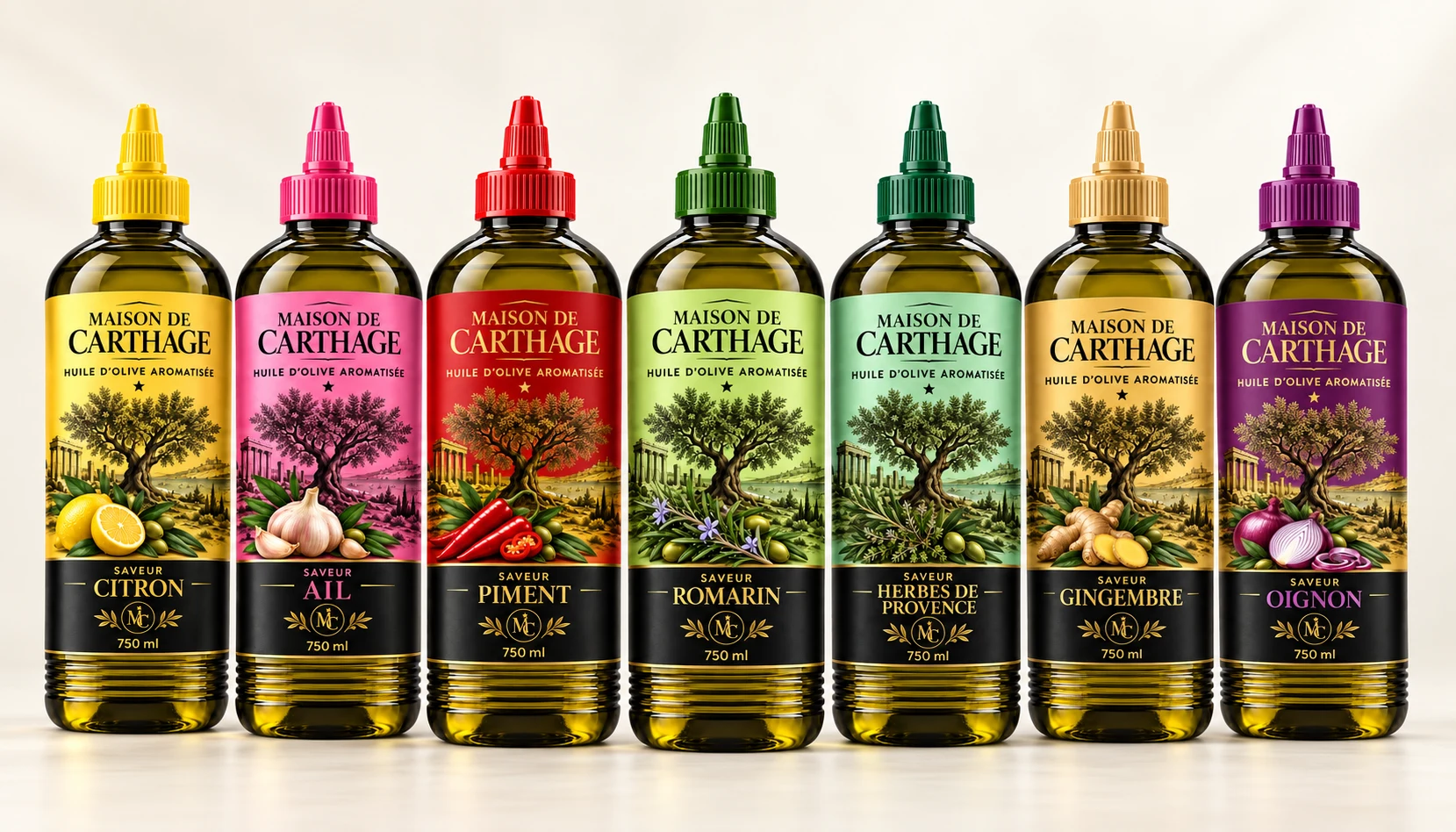 Les sept huiles aromatisées Maison de Carthage : citron, ail, piment, romarin, herbes de Provence, gingembre et oignon.