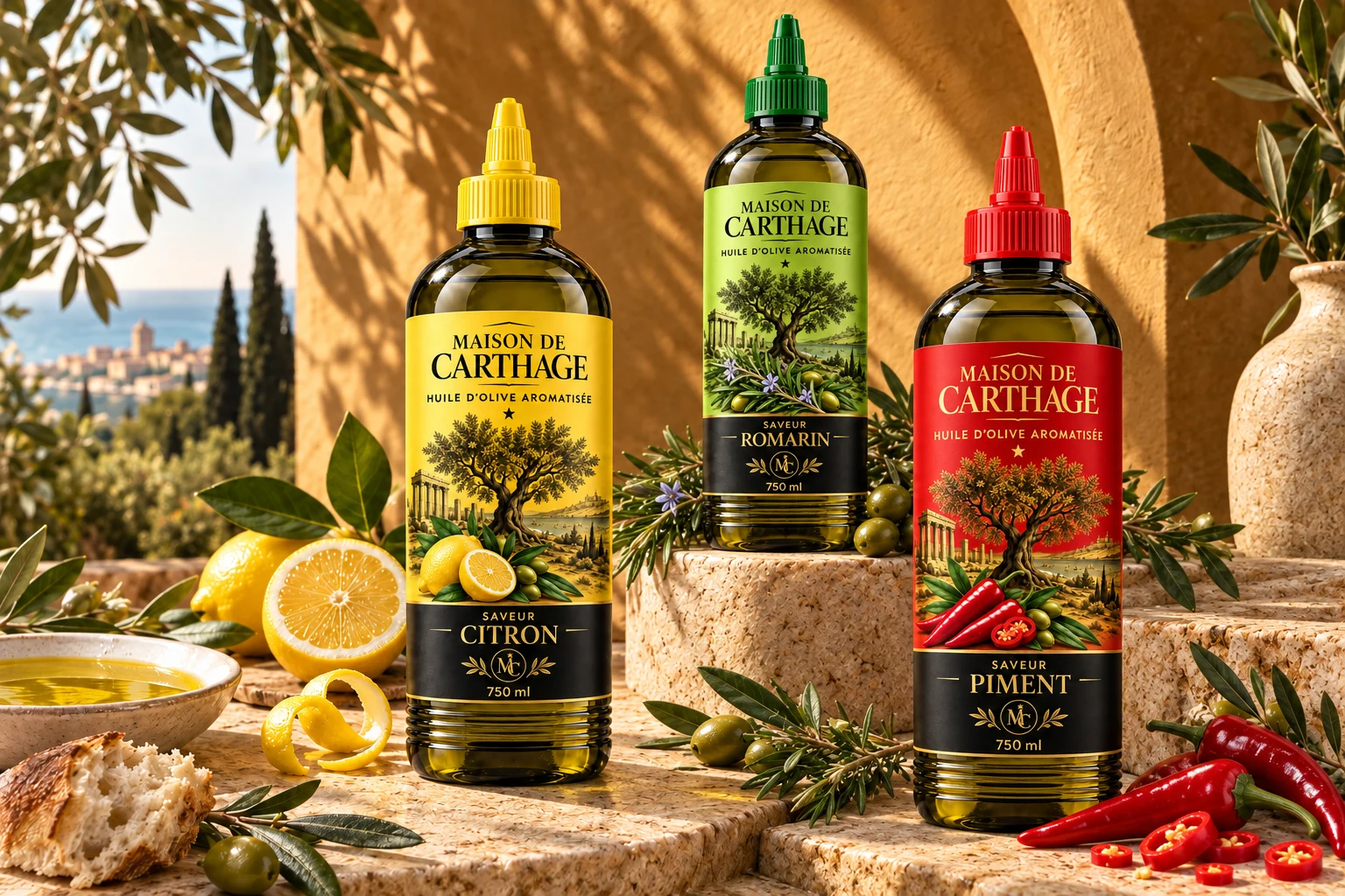 Huiles aromatisées Maison de Carthage saveurs citron, romarin et piment, présentées avec leurs ingrédients dans un décor méditerranéen.
