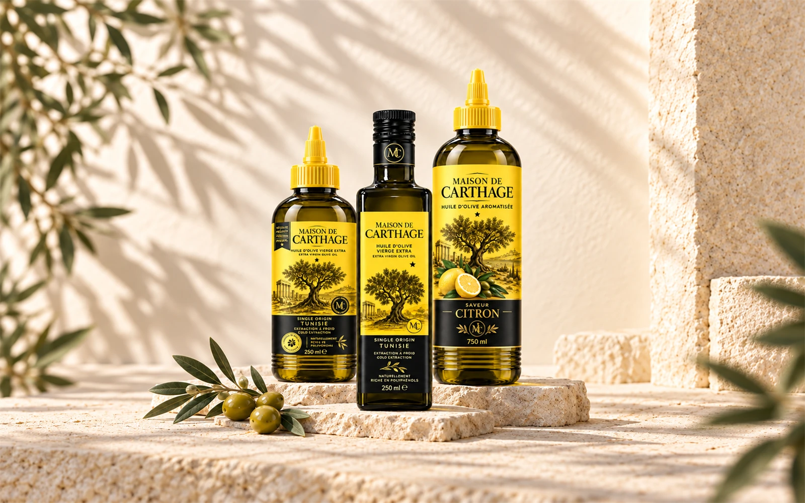 Trois huiles Maison de Carthage présentées sur une pierre claire : bouteille classique, bouteille avec bec verseur et huile aromatisée au citron.