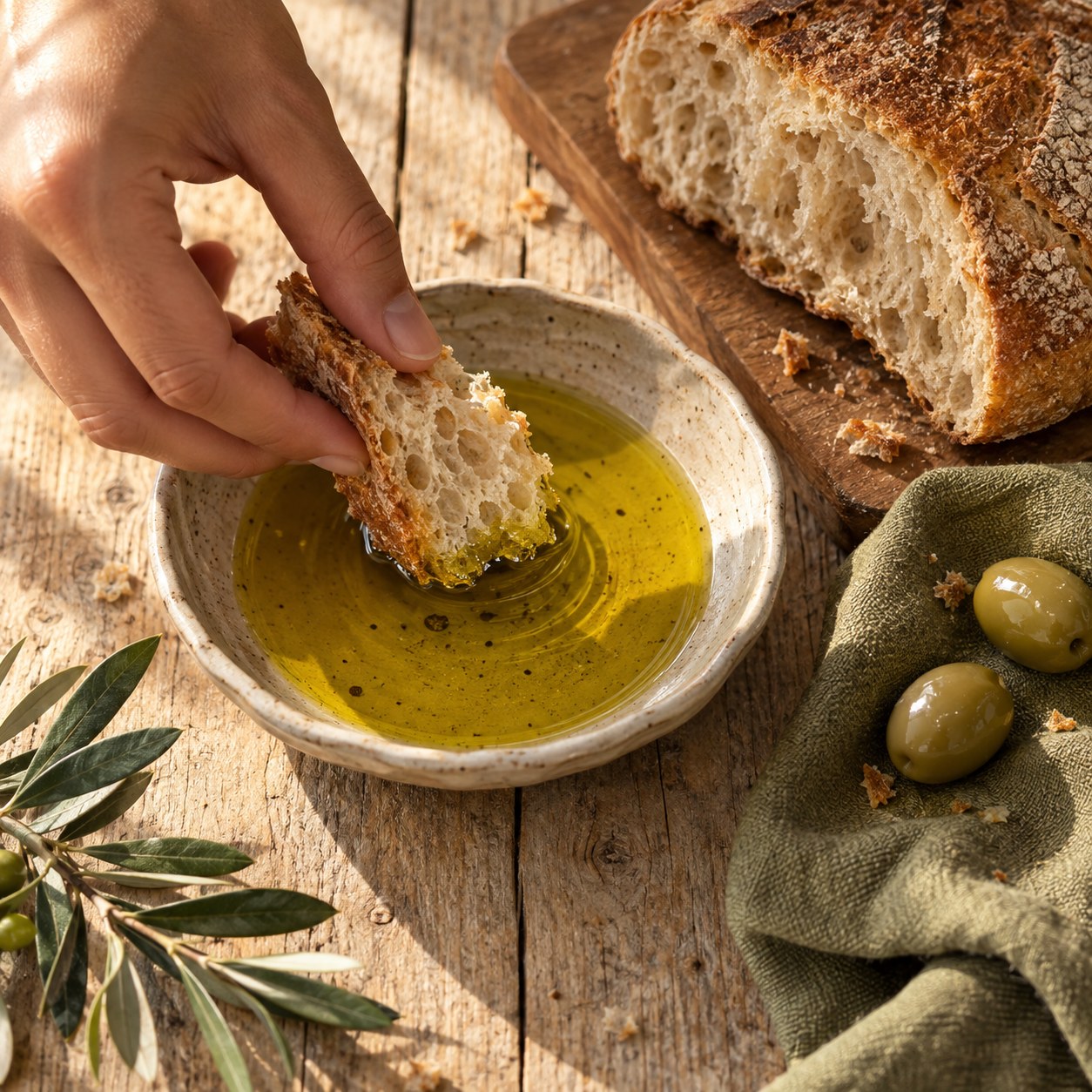 Un morceau de pain rustique trempé dans une coupelle d’huile d’olive.