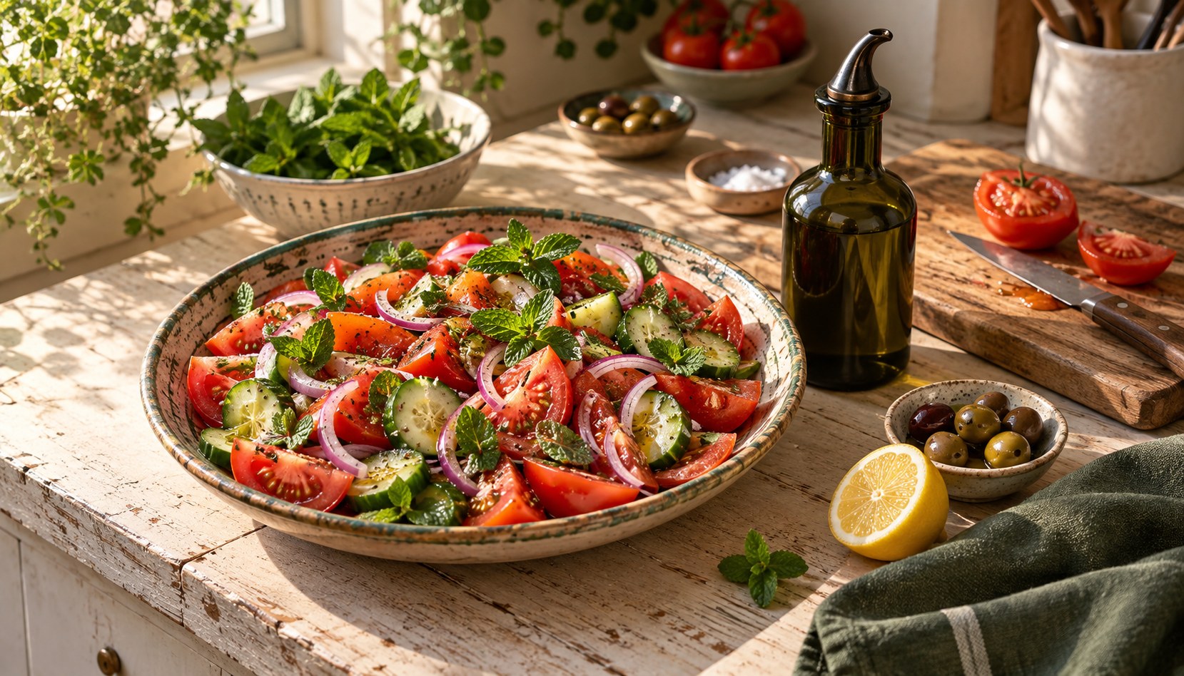 Salade de tomates, concombre et menthe avec un huilier sur un plan de travail.