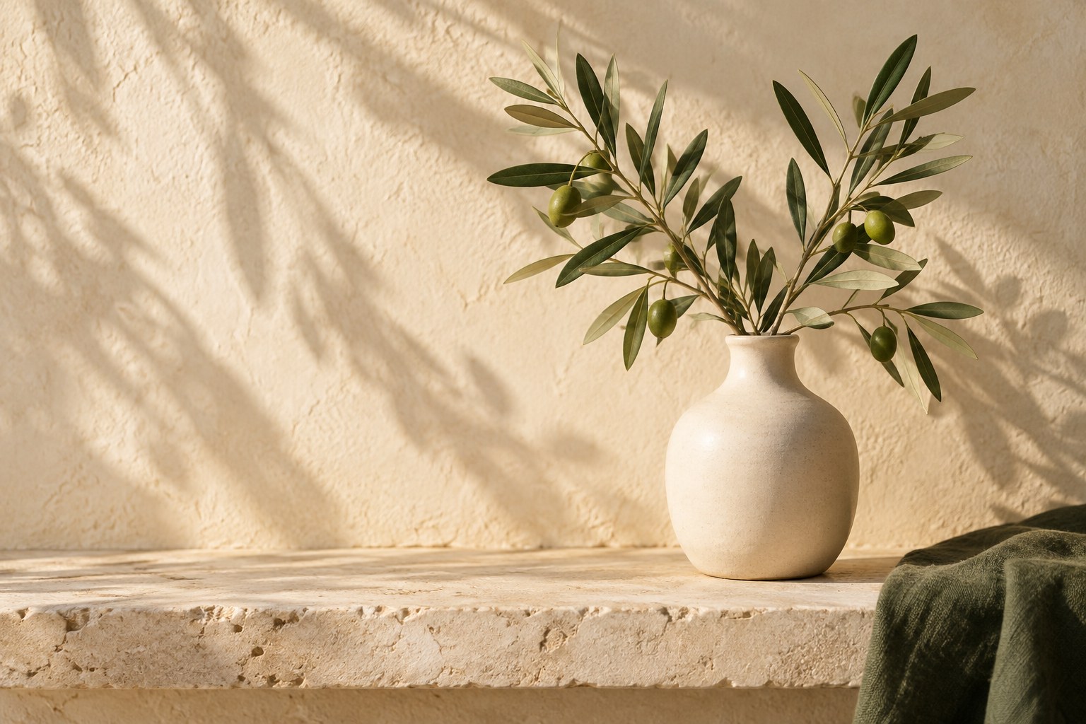 Branche d’olivier dans un vase en céramique, éclairée par une douce lumière naturelle.
