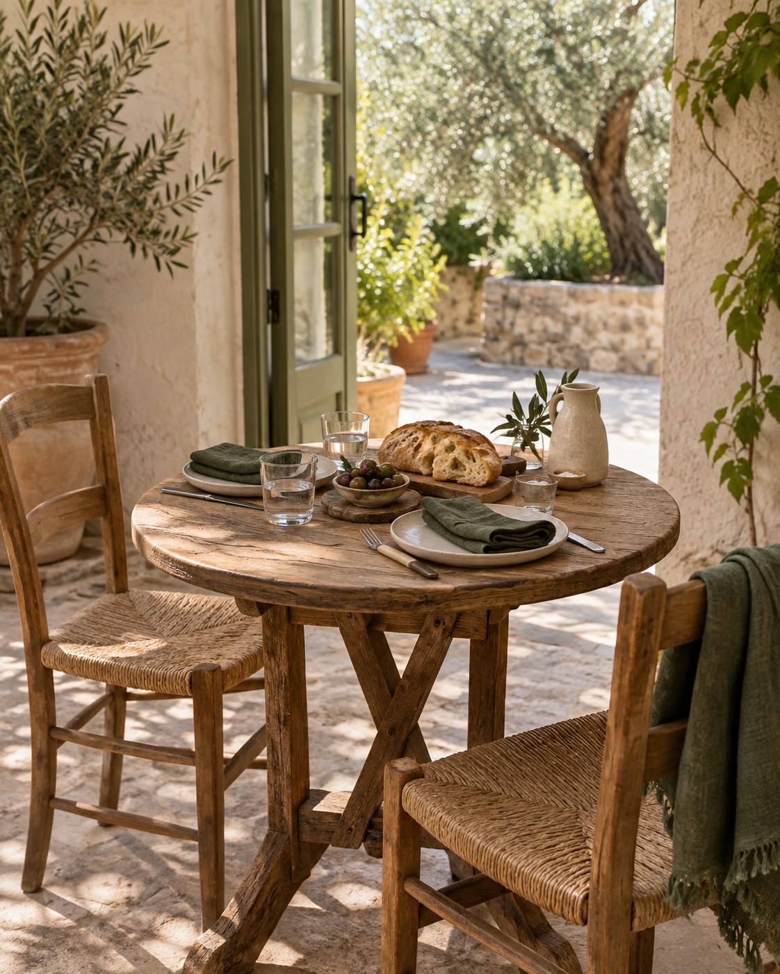 Petite table dressée pour deux près d’une cour ensoleillée, avec du pain et des olives.
