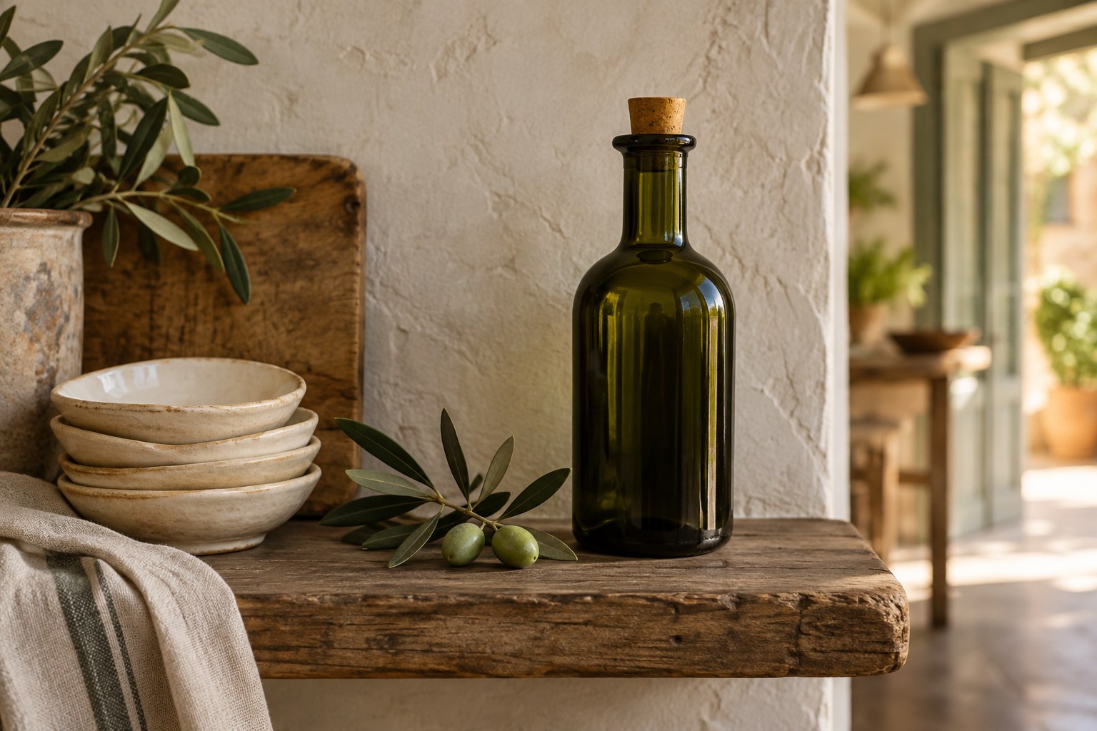 Huilier en verre sombre et coupelles en céramique sur une étagère de cuisine.