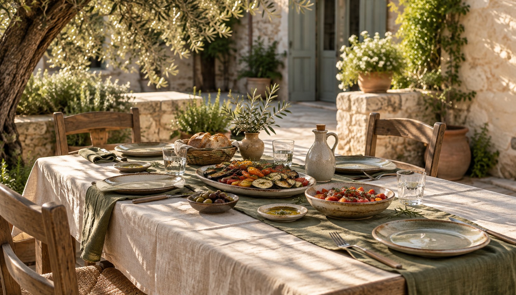 Table dressée dans une cour méditerranéenne, avec légumes, pain et olives à partager.