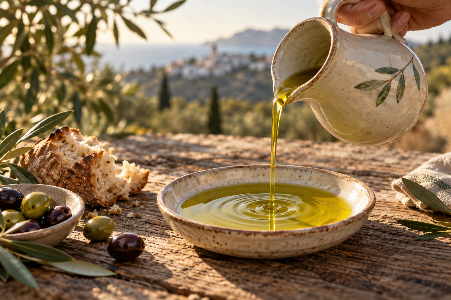 Huile d’olive versée dans un bol