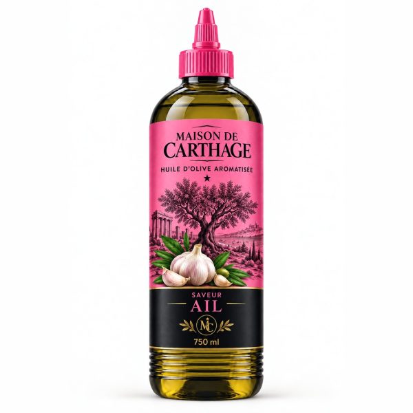 Bouteille Maison de Carthage, huile d'olive aromatisée saveur ail, 750 ml.