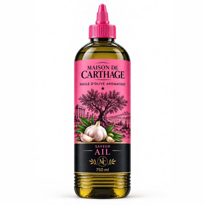 Bouteille Maison de Carthage, huile d'olive aromatisée saveur ail, 750 ml.