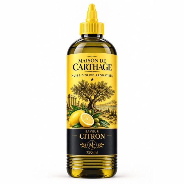 Bouteille Maison de Carthage, huile d'olive aromatisée saveur citron, 750 ml.