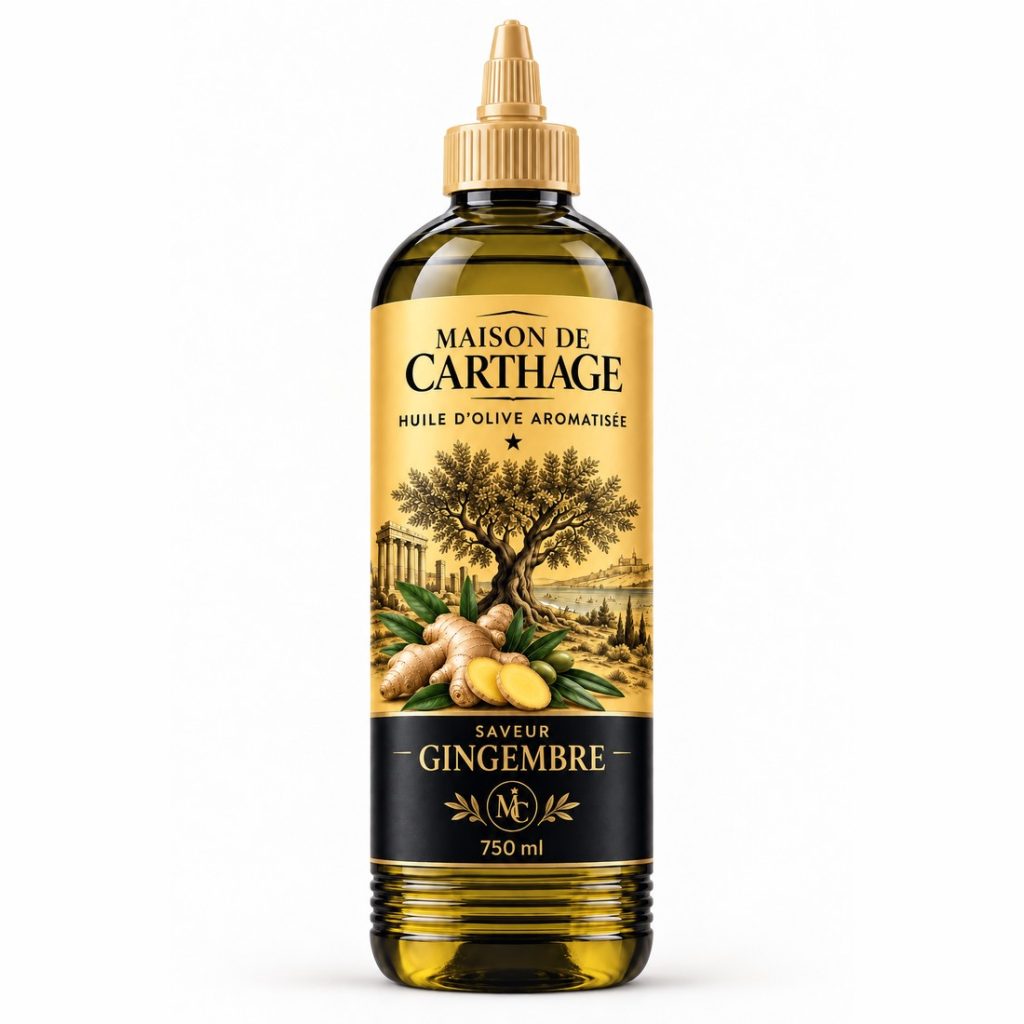Bouteille Maison de Carthage, huile d'olive aromatisée saveur gingembre, 750 ml.