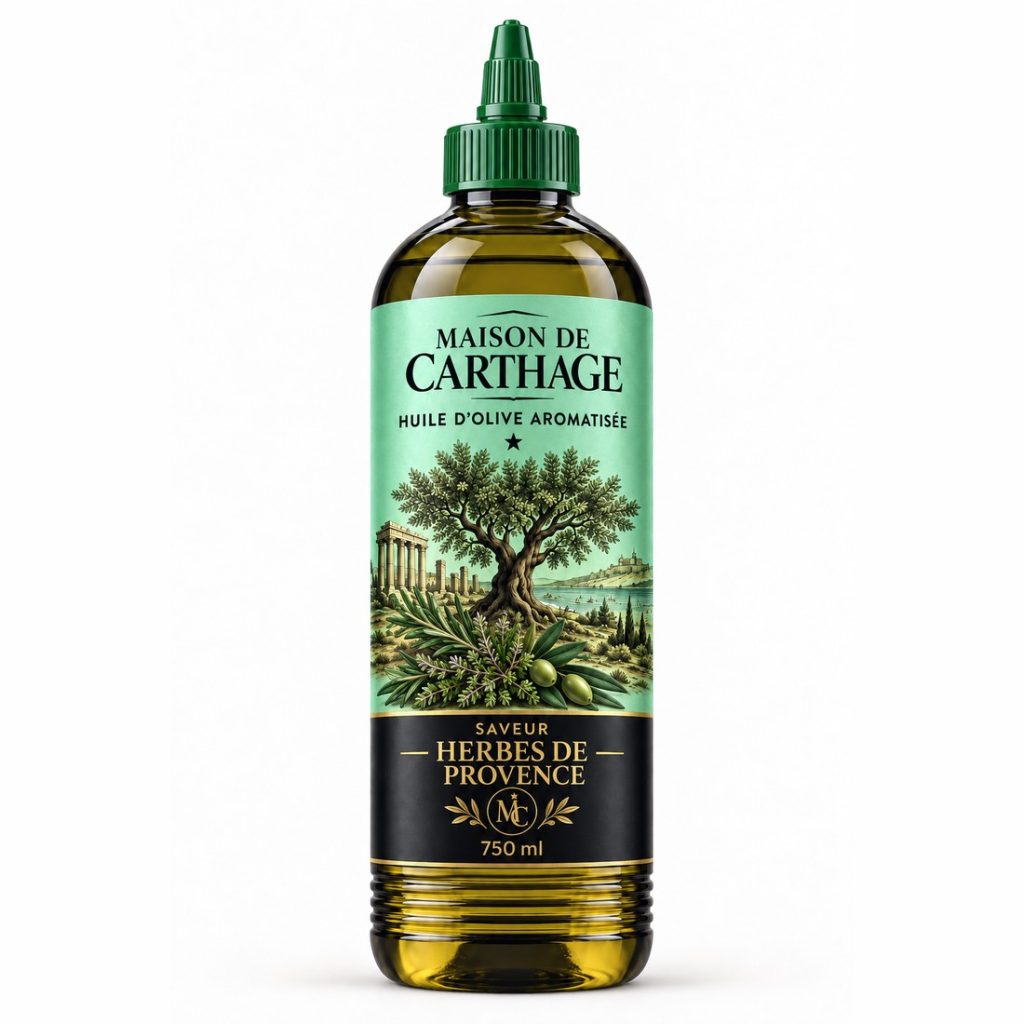 Bouteille Maison de Carthage, huile d'olive aromatisée saveur herbes de Provence, 750 ml.