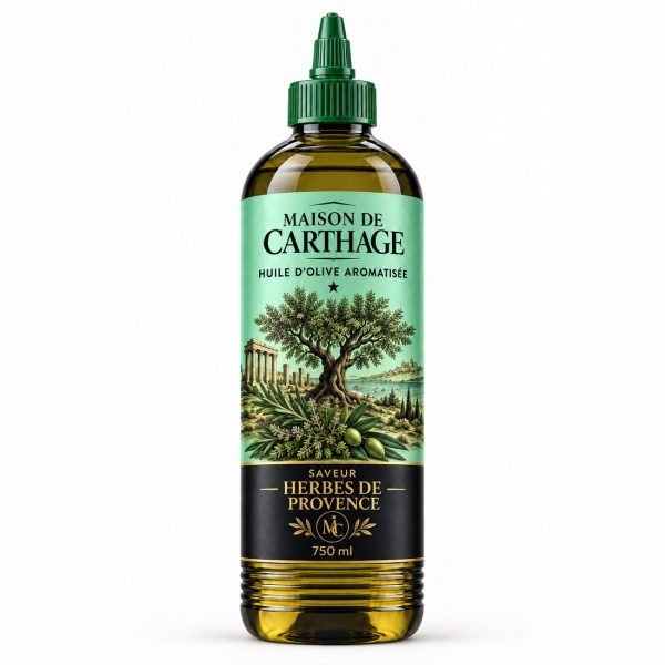 Bouteille Maison de Carthage, huile d'olive aromatisée saveur herbes de provence, 750 ml.
