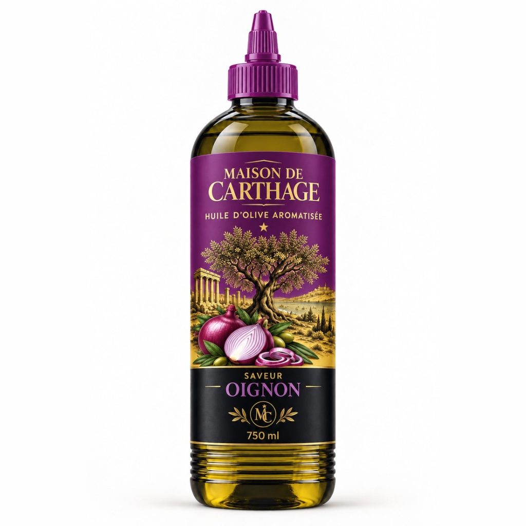 Bouteille Maison de Carthage, huile d'olive aromatisée saveur oignon, 750 ml.