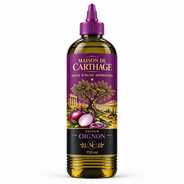 Bouteille Maison de Carthage, huile d'olive aromatisée saveur oignon, 750 ml.