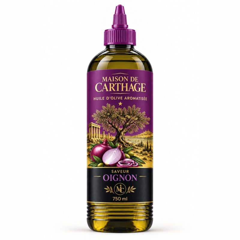 Bouteille Maison de Carthage, huile d'olive aromatisée saveur oignon, 750 ml.