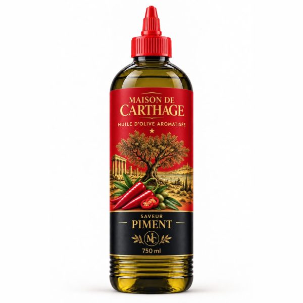Bouteille Maison de Carthage, huile d'olive aromatisée saveur piment, 750 ml.