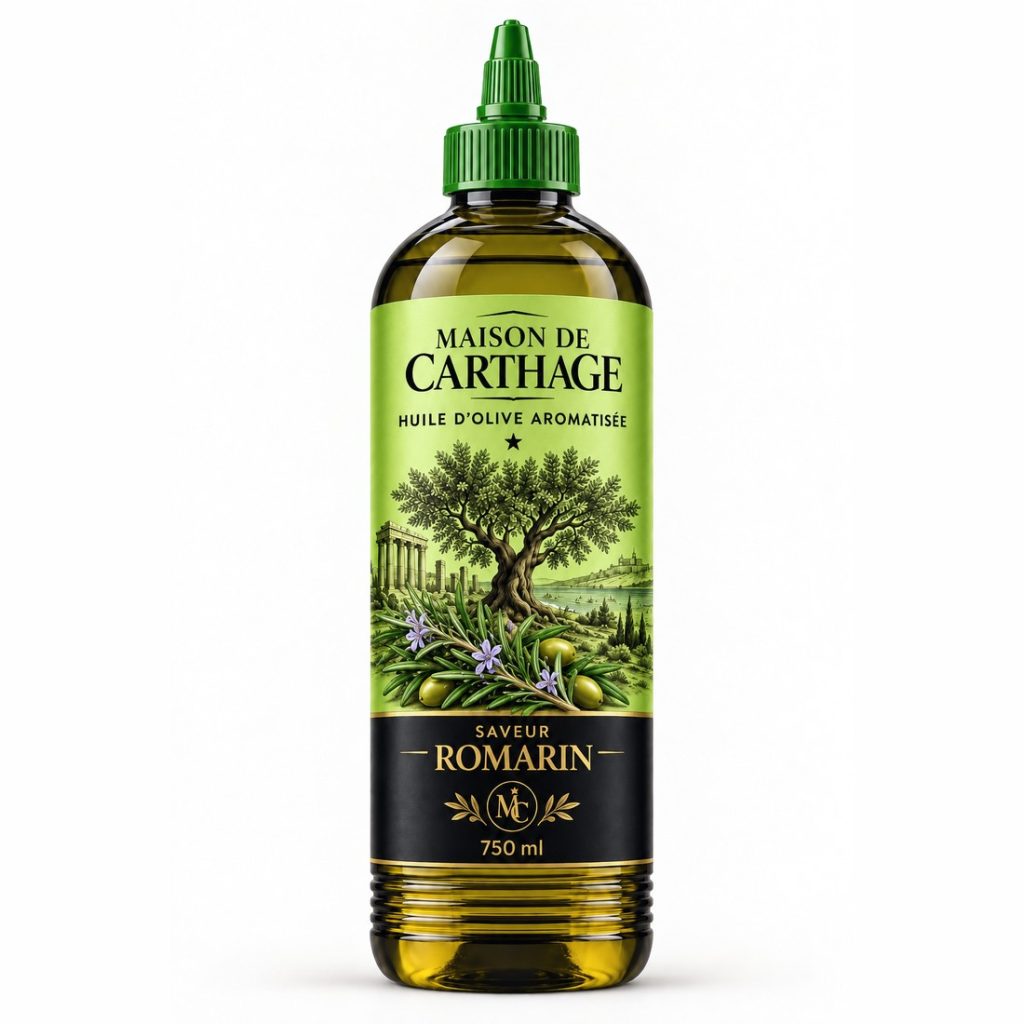 Bouteille Maison de Carthage, huile d'olive aromatisée saveur romarin, 750 ml.