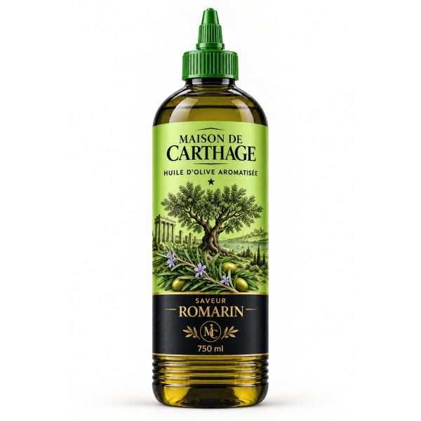 Bouteille Maison de Carthage, huile d'olive aromatisée saveur romarin, 750 ml.