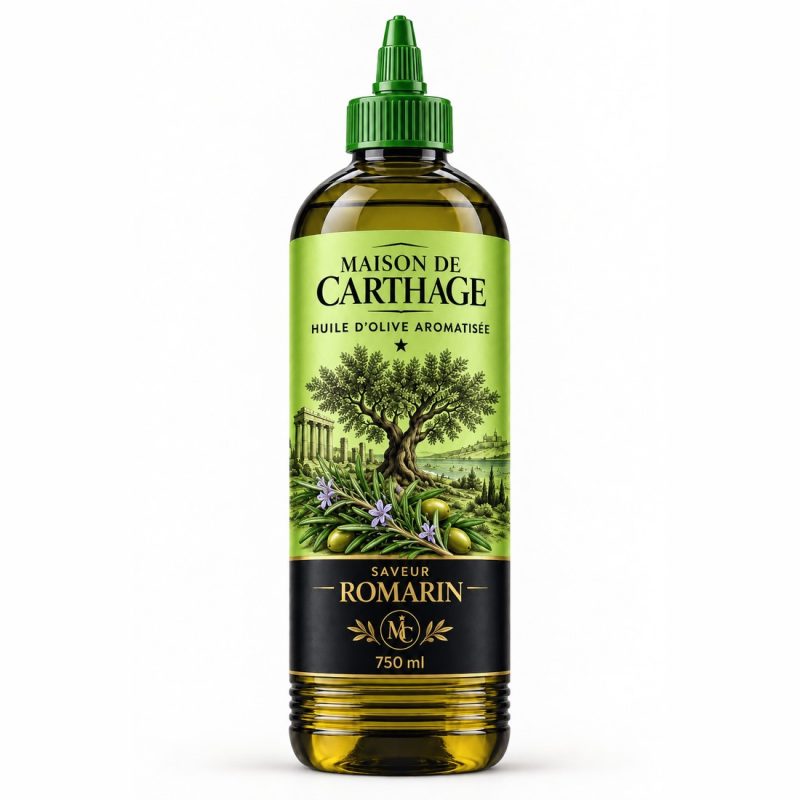 Bouteille Maison de Carthage, huile d'olive aromatisée saveur romarin, 750 ml.
